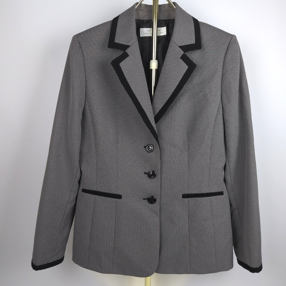 Tahari Women's Sz 10 Blazer White Black Microdot Contrast Trim Tailored 3-Button